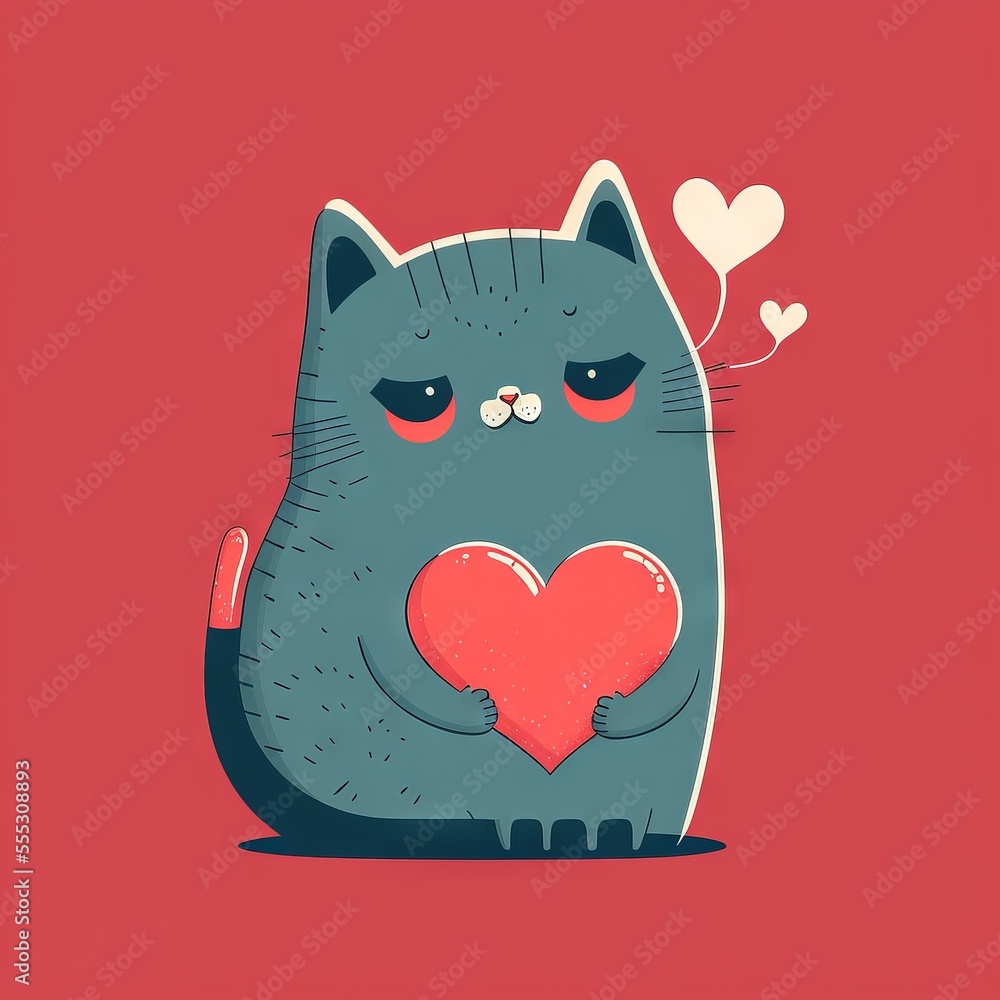 Poster a cat holding a heart with a balloon in the shape of a heart on a red background with hearts. genera