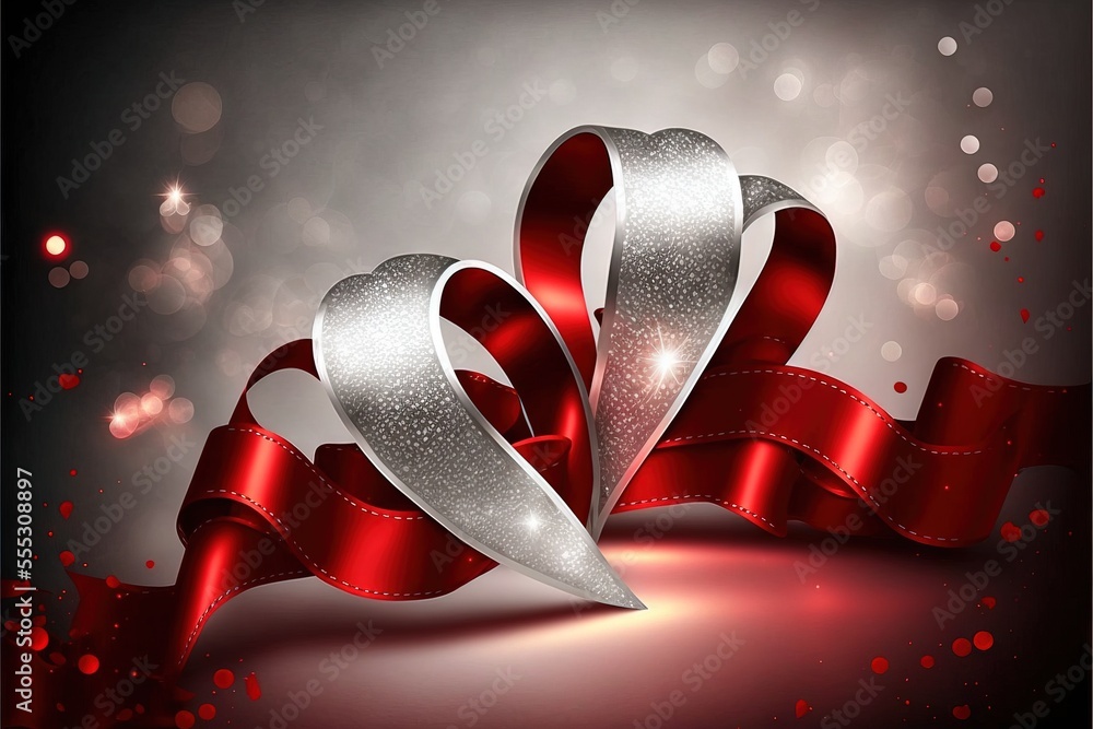Aufkleber a red ribbon with a silver bow on a gray background with a light effect and a boke of light. generat