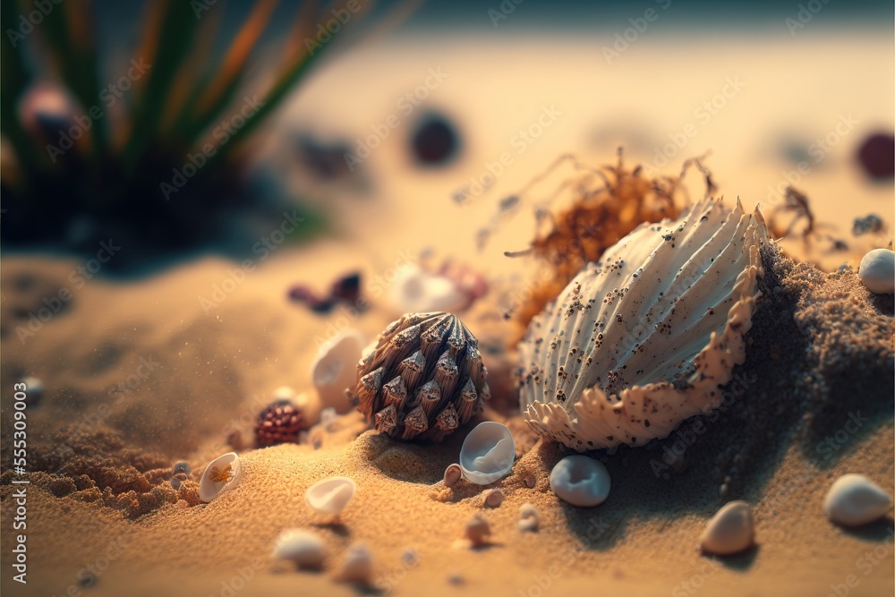 Poster a close up of a shell and a pine cone on a sandy beach with shells and seaweed in the background. ge