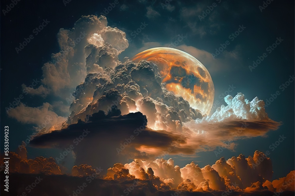 Poster a full moon is seen in the sky above clouds and a cloud stack in the foreground. generative ai