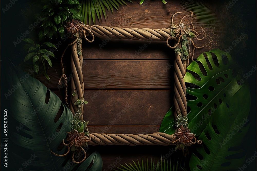 Poster a picture frame with a rope and leaves around it on a dark background with a wooden sign in the midd