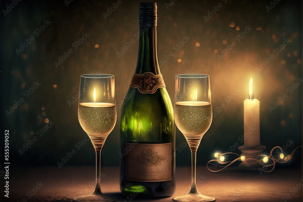 Poster  a bottle of wine and two glasses of wine on a table with a candle in the background and a candlelight in the middle. Generative AI