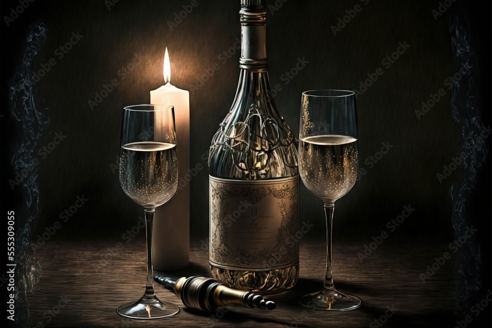 Poster a bottle of wine and two wine glasses on a table with a candle in the background and a bottle of win