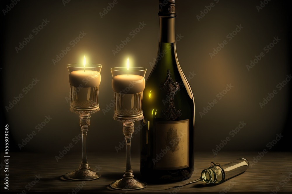 Poster a bottle of wine and two glasses with a candle in it and a bottle of wine in the background. generat