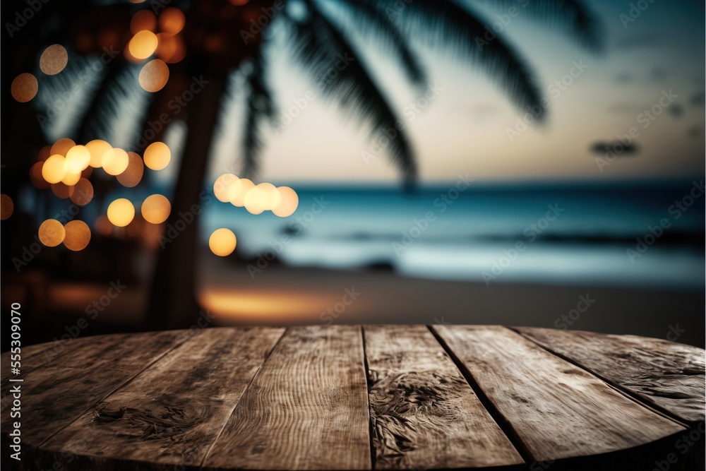 Aufkleber a wooden table with a blurry beach in the background and a palm tree in the foreground with lights i
