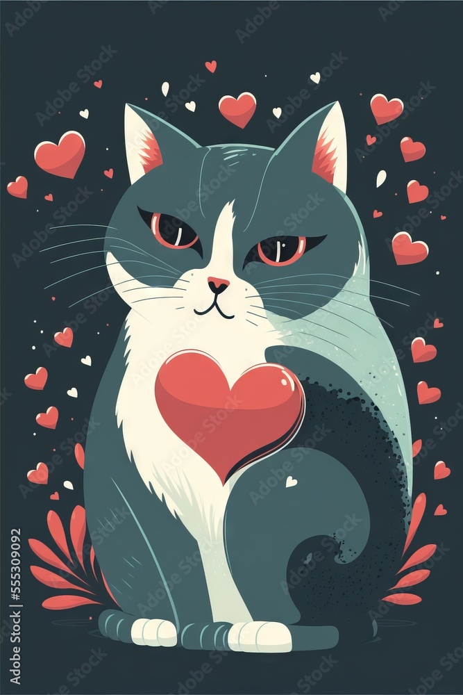 Poster a cat with a heart on its chest sitting in front of a black background with hearts around it and a r