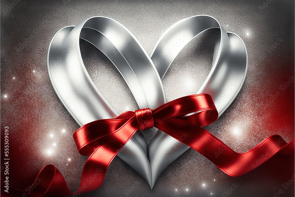 Poster a silver heart with a red ribbon on a gray background with a red bow on it and a sparkley background