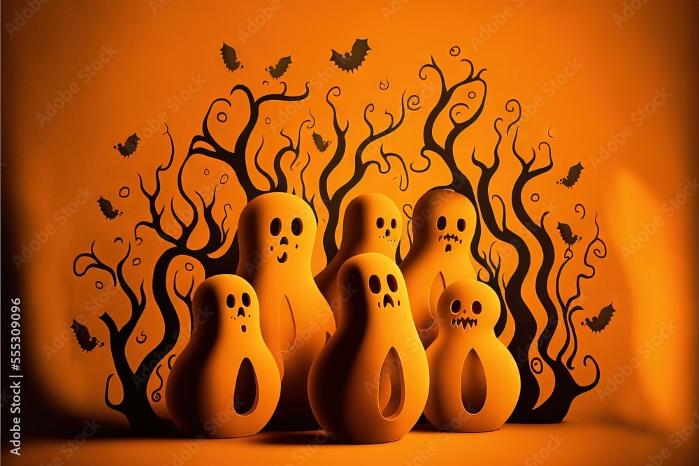 Aufkleber a group of ceramic figures with bats and trees in the background. generative ai