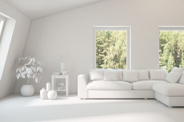 Stylish room in white color with sofa and green landscape in window. Scandinavian interior design. 3D illustration