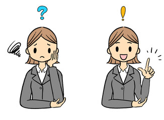 悩み疑問を解決する女性のイラストセット-スーツ姿