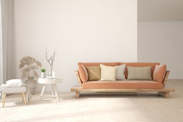 White living room with sofa. Scandinavian interior design. 3D illustration