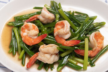 Onion Flower Stem Stir Fried Shrimp with Oyster Sauce