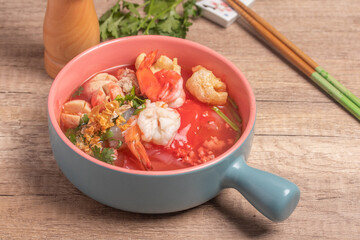 Red Sauce Noodle Soup called Yentafo Noodle, a popular Thai dish.