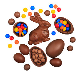 Delicious chocolate easter eggs and bunny