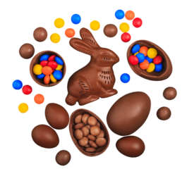 Delicious chocolate easter eggs and bunny