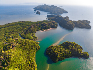 Aerial view of Bo Chet Luk port Harbour with long tail boats, in Satun Geopark, Thailand