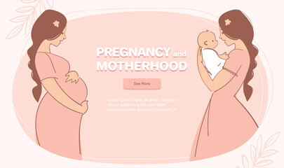 Pregnant woman, mom with baby, banner with copy space about motherhood and pregnancy, pink background for text.. Flat cartoon vector illustration.