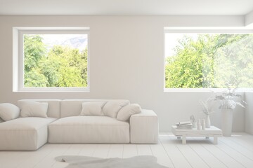 Fototapeta premium Mock up of stylish room in white color with sofa and green landscape in window. Scandinavian interior design. 3D illustration