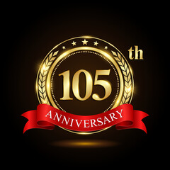 105th Anniversary. Golden Anniversary Emblem Design with shiny ring and red ribbon, Laurel wrath isolated on black background. Logo Vector Illustration