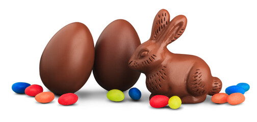 Delicious chocolate easter eggs and bunny