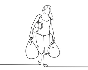 Woman with Bags One Line Drawing. Woman Life Concept Minimalist Drawing. Female Line Art Modern Minimal Drawing. Trendy Illustration Continuous Line Art. Vector EPS 10