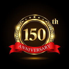 150th Anniversary. Golden Anniversary Emblem Design with shiny ring and red ribbon, Laurel wrath isolated on black background. Logo Vector Illustration