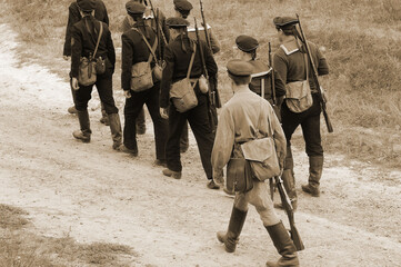 Members of a history club wear historical Soviet uniforms as they participates in a WWII reenactment.Defense Kiev in 1941.