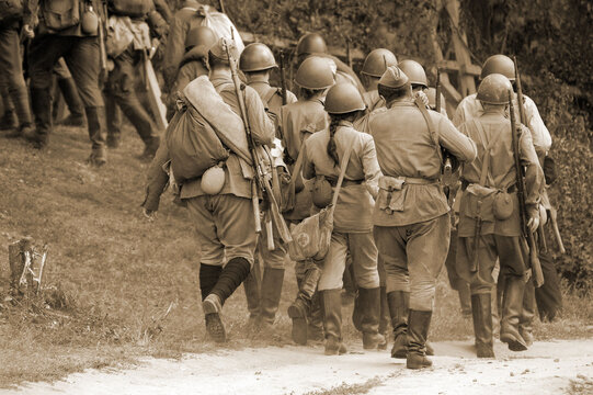 Members of a history club wear historical Soviet uniforms as they participates in a WWII reenactment.Defense Kiev in 1941.