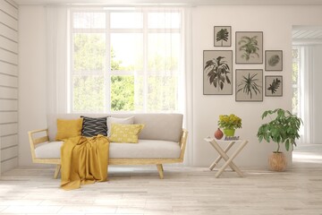 White living room with sofa and summer landscape in window. Scandinavian interior design. 3D illustration