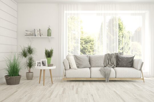 Minimalist living room in white color with sofa and summer landscape in window. Scandinavian interior design. 3D illustration