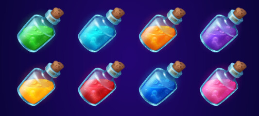 Cartoon set of glass bottles with colorful magic potions isolated on background. Vector illustration of corked jars with red, blue, yellow, green, pink, purple liquid substance. Game props collection