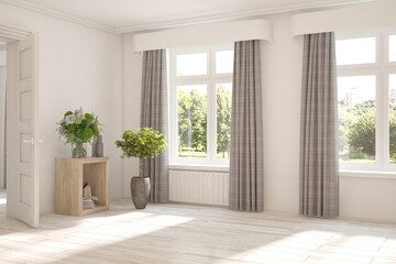 Fototapeta premium White empty room with summer landscape in window. Scandinavian interior design. 3D illustration