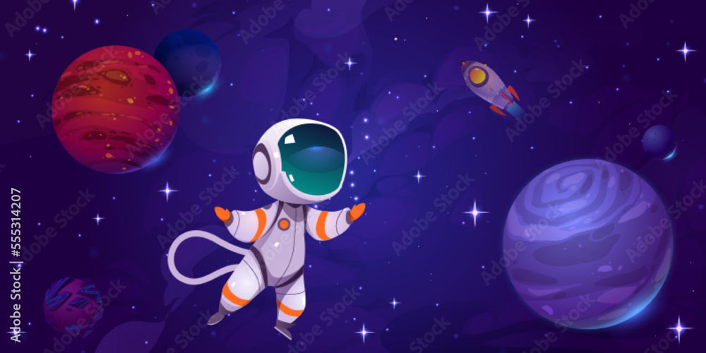 Poster cute astronaut in outer space with alien planets, stars and rocket. cosmonaut in suit and spaceship 