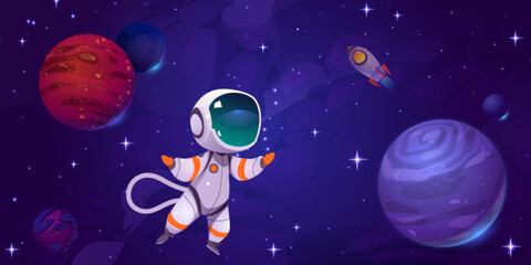 Cute astronaut in outer space with alien planets, stars and rocket. Cosmonaut in suit and spaceship flying in cosmos. Vector cartoon fantastic illustration of universe, galaxy exploration © klyaksun