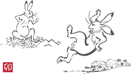 鳥獣戯画のうさぎと卯のスタンプのベクターイラスト