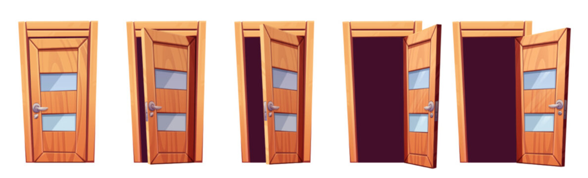 Open and closed room or front door. Animation sprite sheet with wooden door with frame, glass, handle and lock isolated on white background, vector cartoon set
