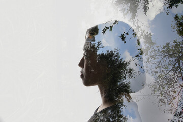 Double exposure woman on white background and outdoor nature tree plants
