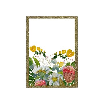 Flower protea daisy palm frame gold watercolor 