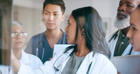 Doctors, nurses or hospital meeting x ray in surgery planning, medical research analytics or treatment innovation ideas. Healthcare workers, men or women and xray in diversity teamwork collaboration - Powered by Adobe