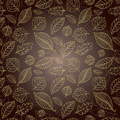 Seamless vector brown gradient pattern with gold leaf silhouettes