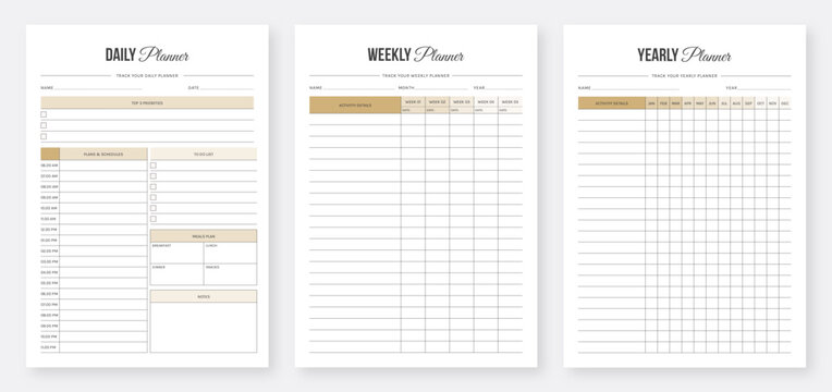 Daily, weekly, monthly, yearly planner template. 3 Set of minimalist planners. Printable Daily Weekly Monthly Planner Templates. Modern Planner Template. Set of Vector. Eps10 vector. Planner Bundle.