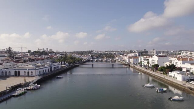 Coming Into Suspended Pedestrian Bridge Over Tavira Water Canal, Portugal
