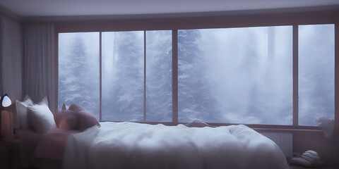 Cosy Bedroom with Huge Windows Beautiful View into a Winter Forest | AI Artwork Photoshop