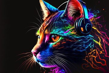  cat with headphones on its head. Generative AI