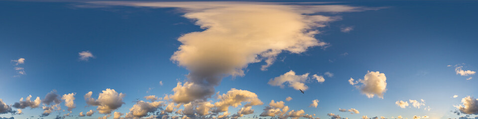 Dark blue sunset sky panorama with Cumulus clouds. Seamless hdr pano in spherical equirectangular format. Complete zenith for 3D visualization, game and sky replacement for aerial drone 360 panoramas.
