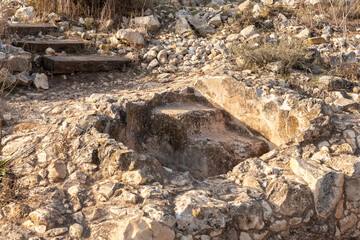 Remains  of buildings on the site of ancient Jotapata city, was located during Roman Empire ancient Jotapata, in Tel Yodfat National park, in northern Israel