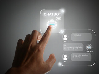 Finger using a digital chatbot computer program. Customer support service automation. AI artificial technology for chatterbot, conversational agents, robot application, conversation assistant
