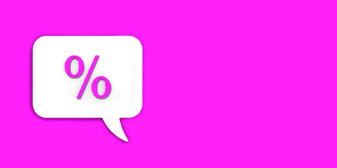 Pink percent sign on white message board. Interest withdrawal signal. Discount notifications. Message on a Pink background. Horizontal image. Banner for insertion into site. 3D image. 3D rendering.