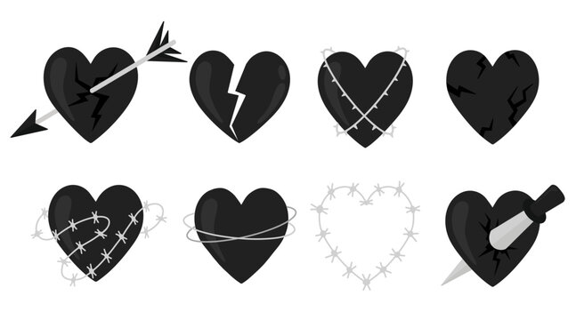 Vector set of stylized hearts. Valentine's day black heart icons. Broken hearts in barbed wire. Unhappy love hearts icons.