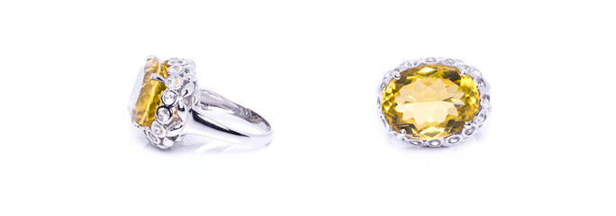 Lemon quartz with white topaz Jewel or gems ring on white background. Collection of natural gemstones accessories. Studio shot